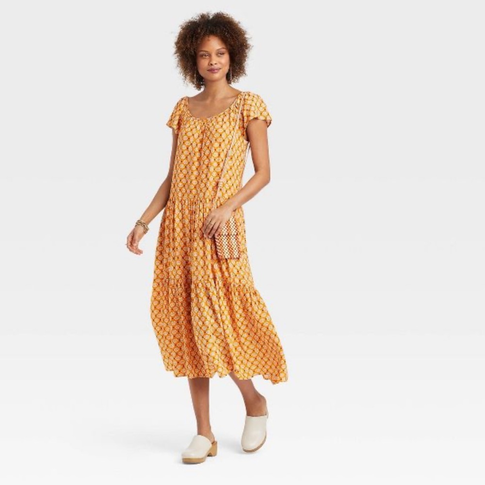 Brand New with Tags Yellow Boho Chic A-Line Short Sleeve Dress